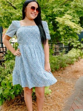 Light Blue Eyelet Square-Neck Mini Dress